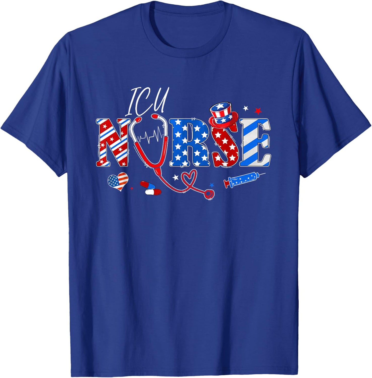 Stethoscope ICU Nurse American Flag Funny 4th Of July Men T-Shirt - T-Shirt | Royal