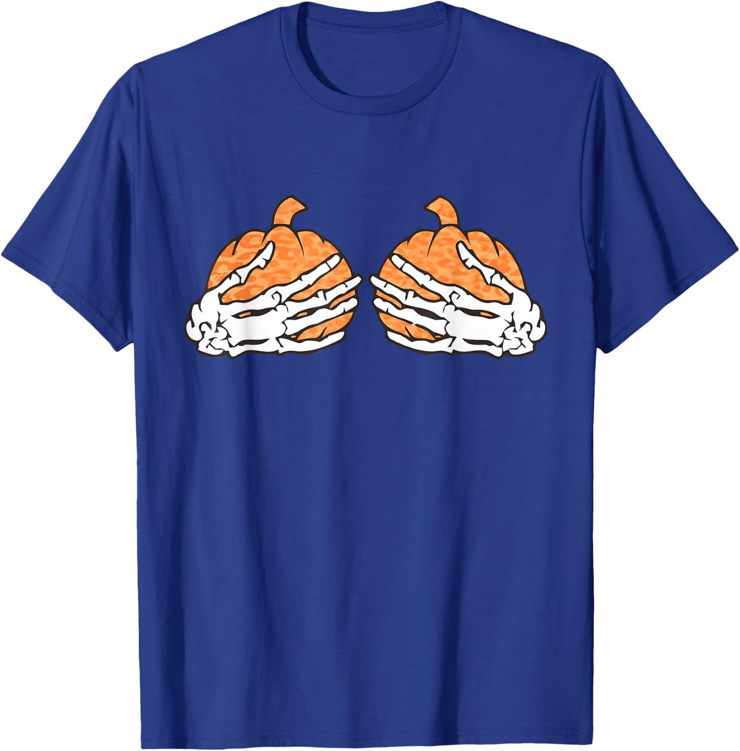 Pumpkin Boob Skeleton Hands On Chest Funny Halloween T-Shirt - T-Shirt | Royal