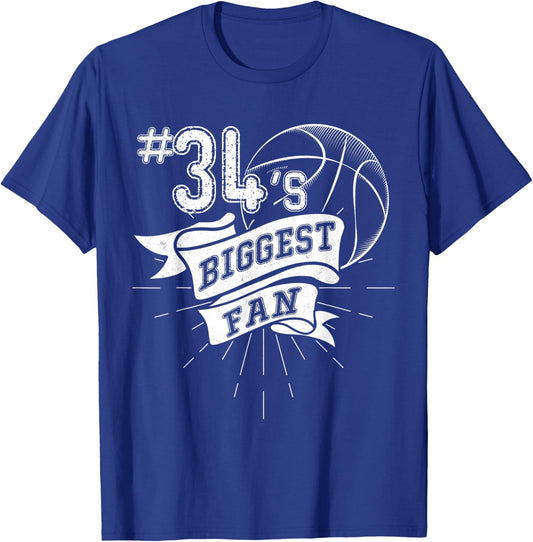 Number 34's Biggest Fan Shirt Basketball Dad Basketball Mom T-Shirt - T-Shirt | Royal