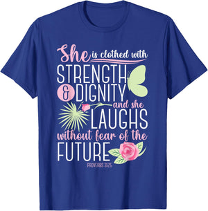Christian Bible Verse Proverbs 31:25 Rose Flower T-Shirt - T-Shirt | Royal
