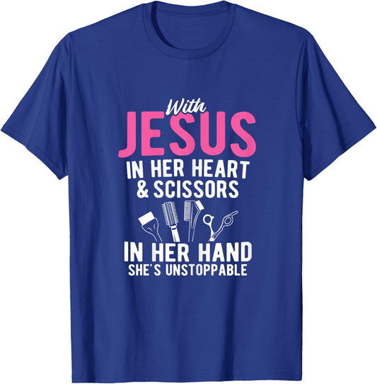 Jesus In Heart Scissors In Her Hand Hairstylist Hairdresser T-Shirt - T-Shirt | Royal