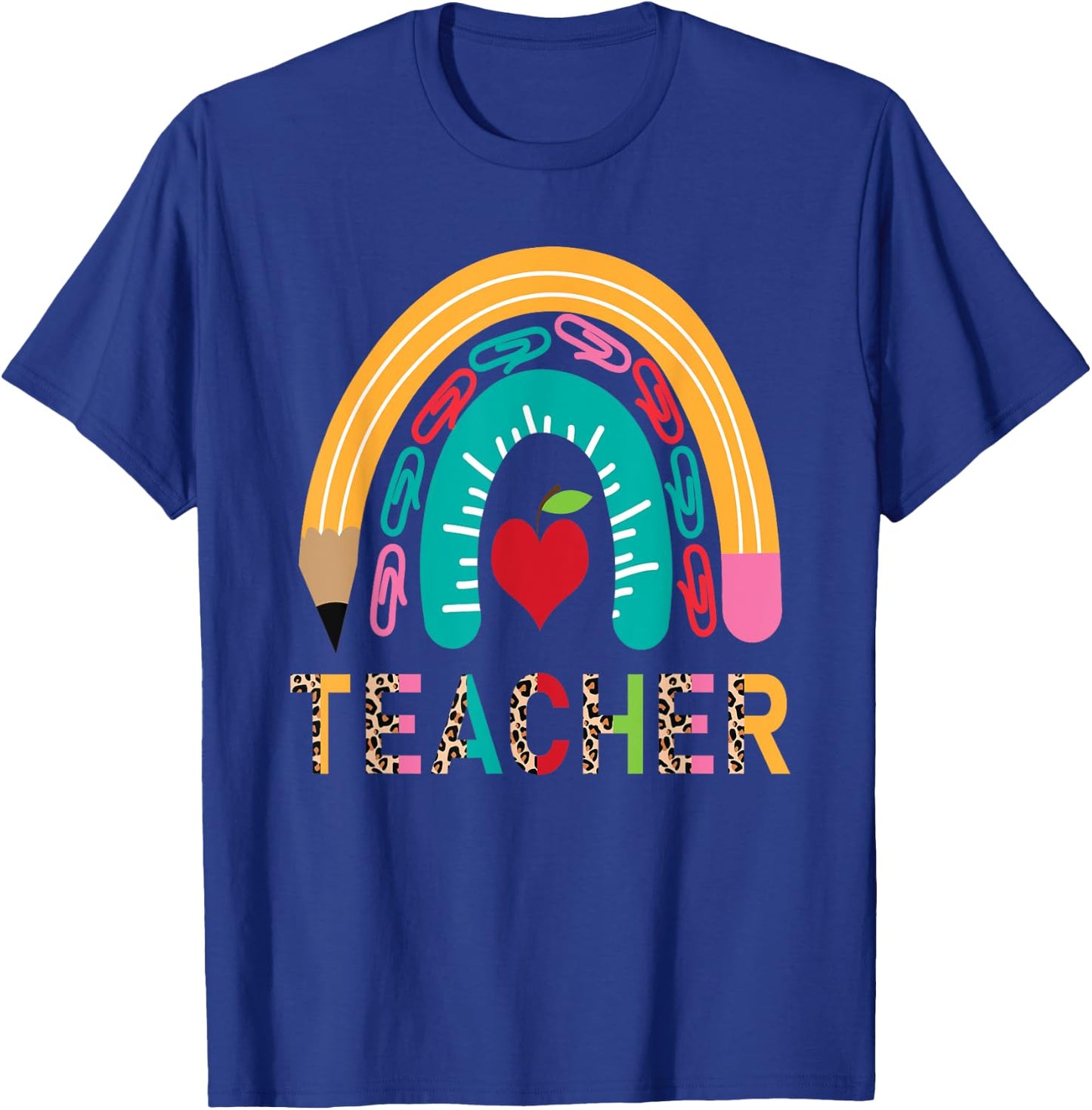 Pencil Rainbow Leopard Teacher Back To School T-Shirt - T-Shirt | Royal