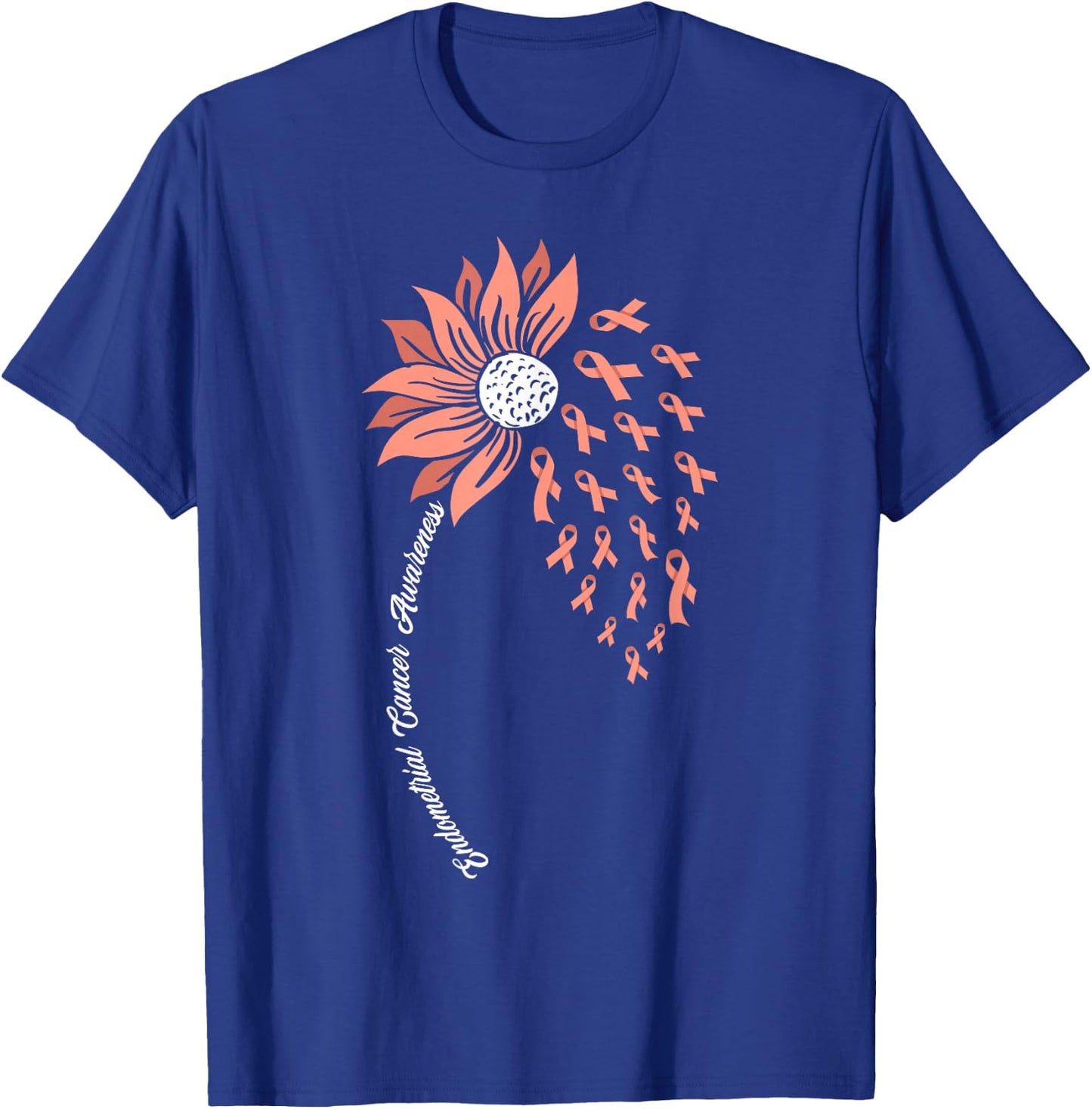 Sunflower Peach Ribbon Support Endometrial Cancer Awareness T-Shirt - T-Shirt | Royal