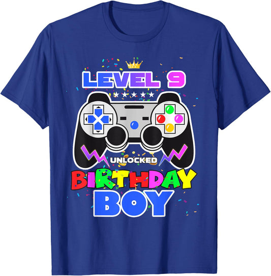 Level 9 Unlocked 9th Birthday Gamer Birthday Boy Video Game T-Shirt - T-Shirt | Royal