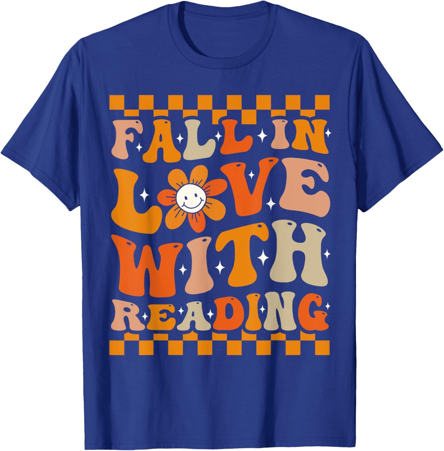 Fall In Love With Reading Books Groovy Thanksgiving Teacher T-Shirt - T-Shirt | Royal