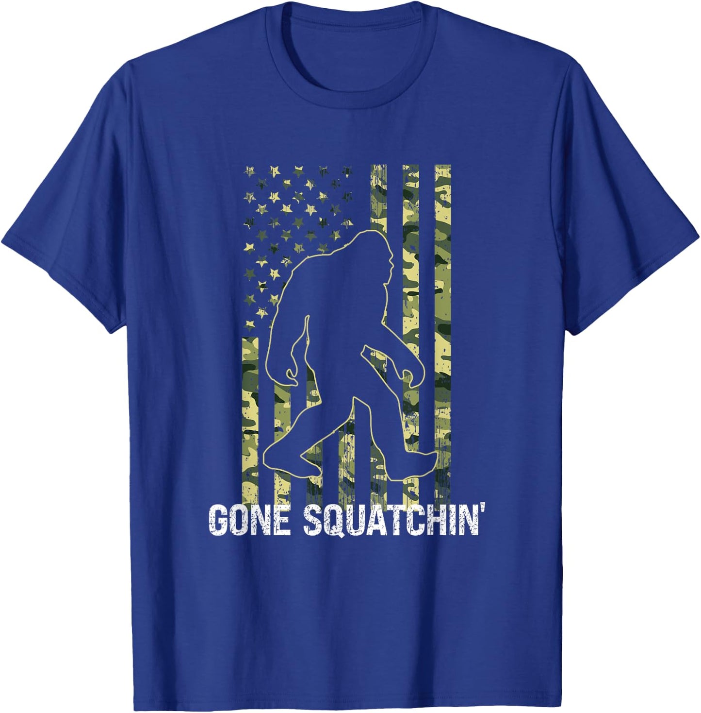 Gone Squatchin' Funny Bigfoot American Flag Camo Sasquatch Kids Men T-Shirt - T-Shirt | Royal