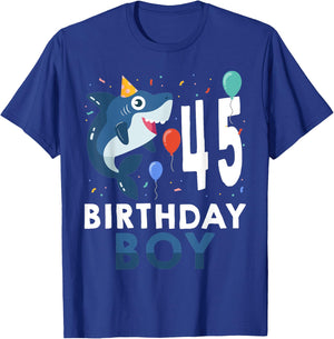 45th Birthday Boy Shark Ocean 45 Year Old Funny B-Day T-Shirt - T-Shirt | Royal