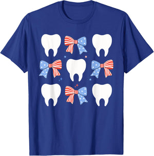 Coquette Bows Teeth Dentist Funny 4th Of July Patriotic T-Shirt - T-Shirt | Royal