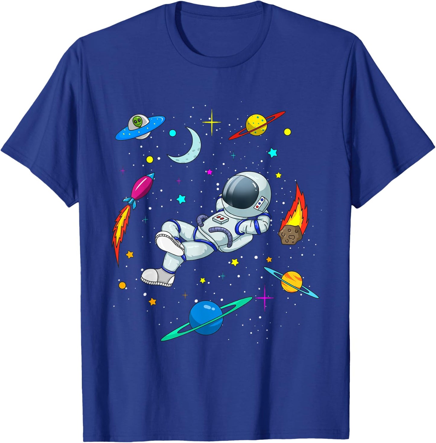 Cute Astronaut in Outer Space with Rockets and Aliens - Boys T-Shirt - T-Shirt | Royal