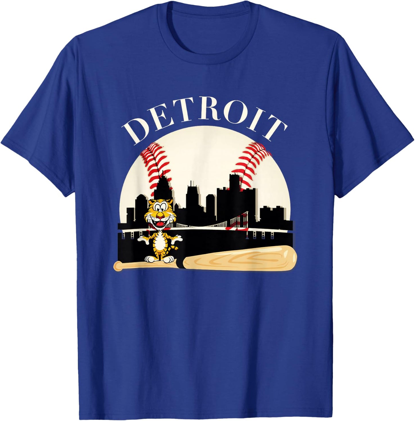 Detroit Baseball Tiger Mascot and Skyline Design T-Shirt - T-Shirt | Royal