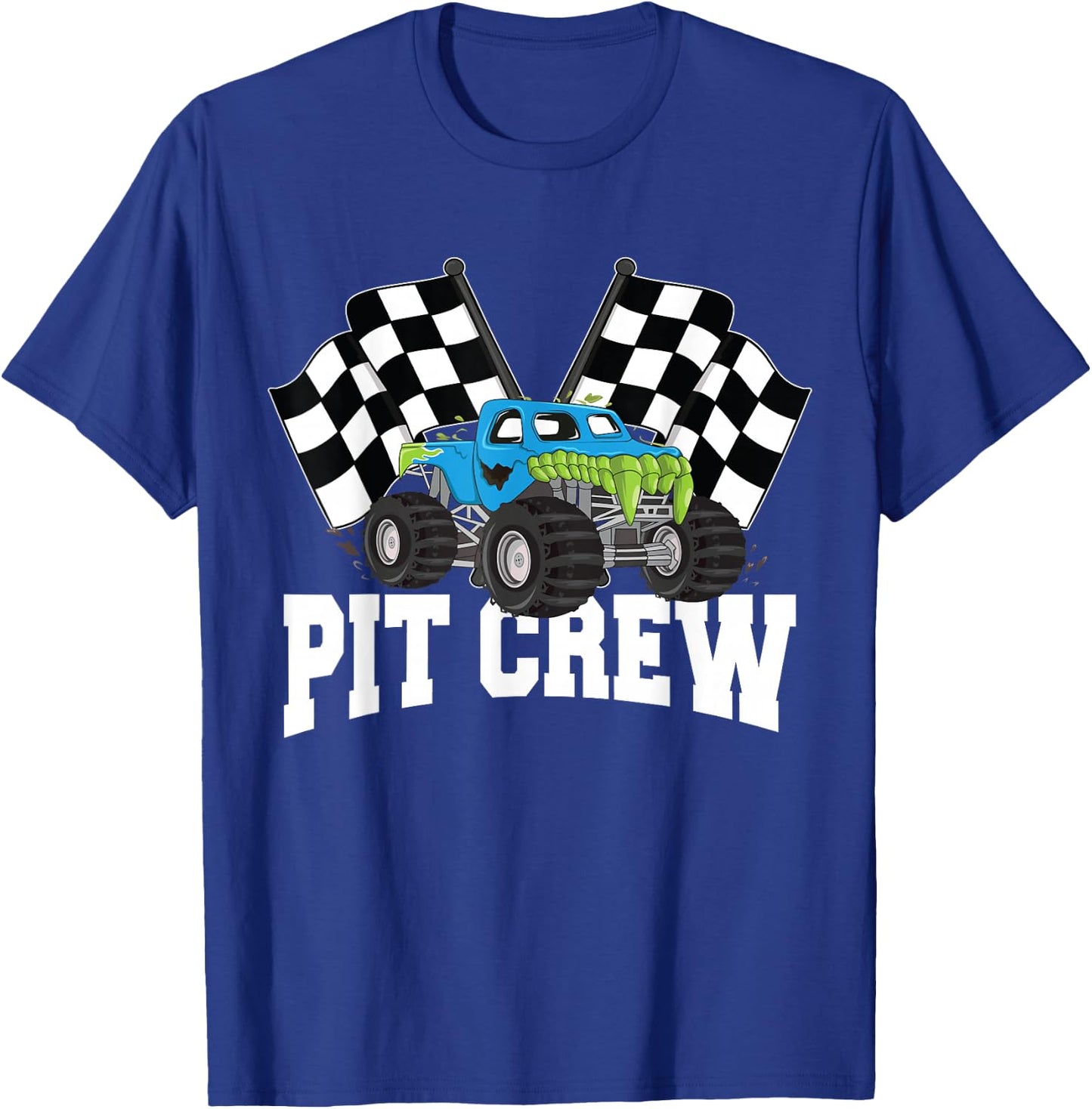 Pit Crew Monster Truck Racing Party and Checked Flag T-Shirt - T-Shirt | Royal