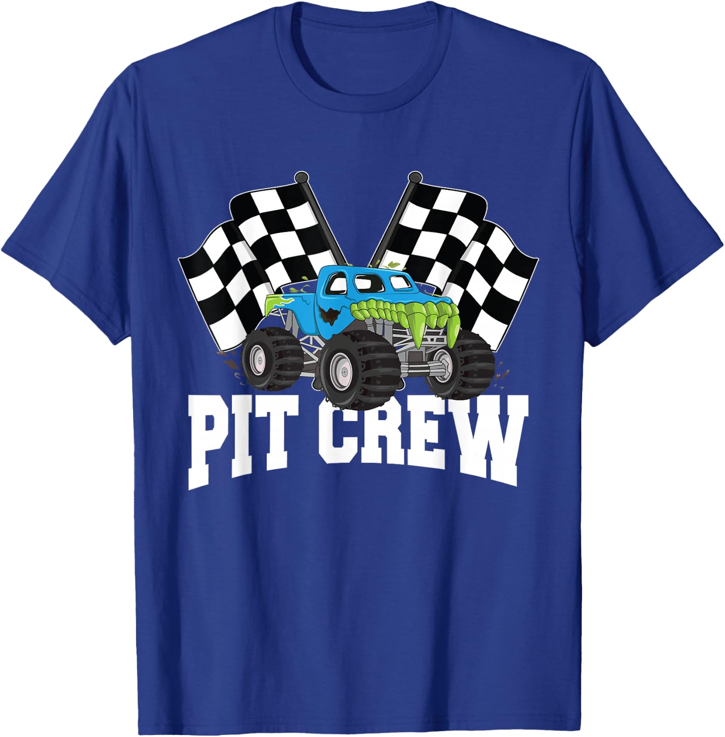 Pit Crew Monster Truck Racing Party and Checked Flag T-Shirt - T-Shirt | Royal