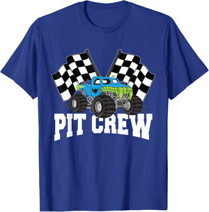 Pit Crew Monster Truck Racing Party and Checked Flag T-Shirt - T-Shirt | Royal