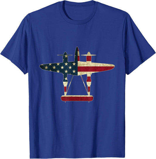 Retro USA Aircraft Warbird Pilot Gift Flag P-38 Lightning T-Shirt - T-Shirt | Royal