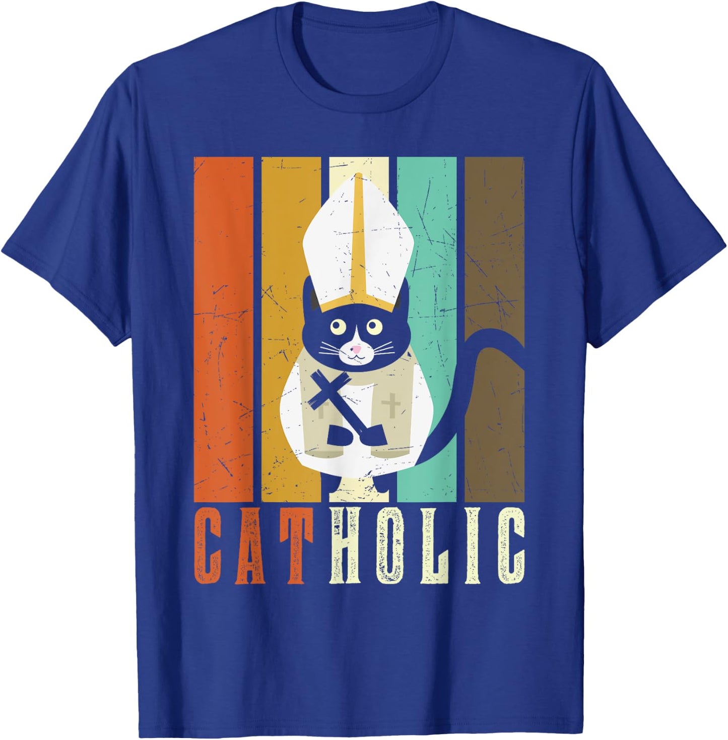 Funny Catholic T Shirts, Cat-holic Cat Lover Retro Vintage T-Shirt - T-Shirt | Royal