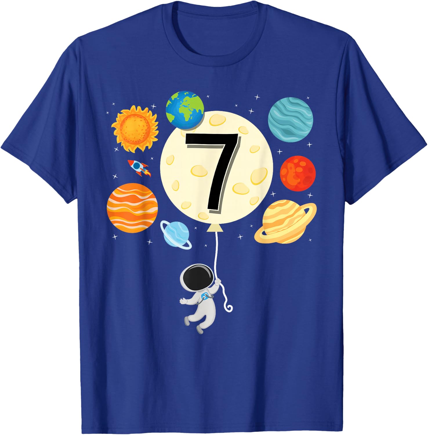 Astronaut Balloon Planets 7th Birthday Space 7 Year Old Kids T-Shirt - T-Shirt | Royal