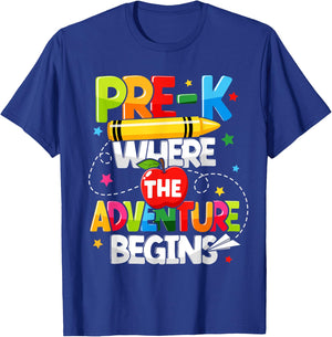Pre-K Where The Adventure Begins Back To School Teacher Men Women Girls Kids T-Shirt - T-Shirt | Royal
