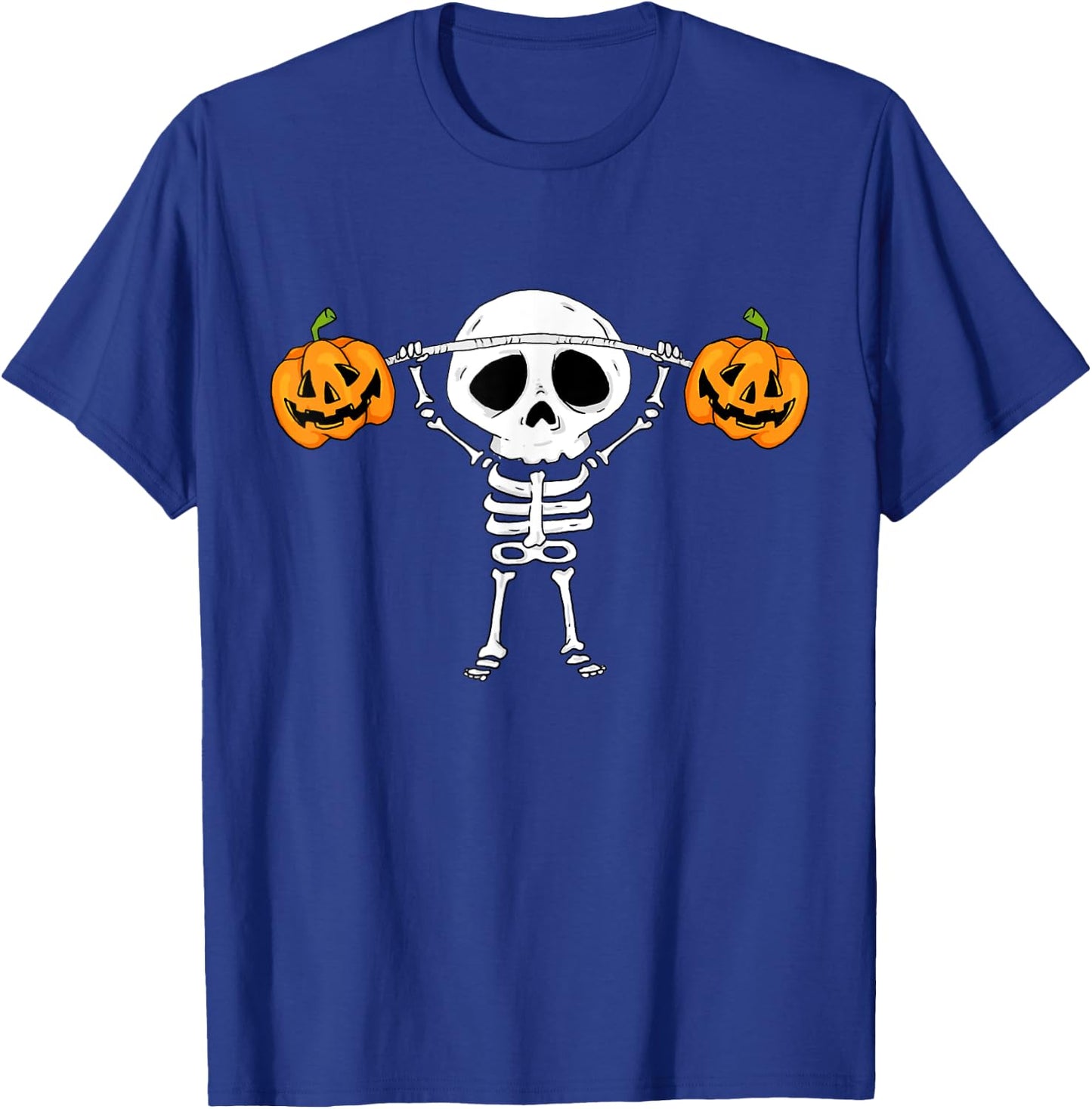 Skeleton Lifting Pumpkins Funny Halloween Snatch Barbell T-Shirt - T-Shirt | Royal