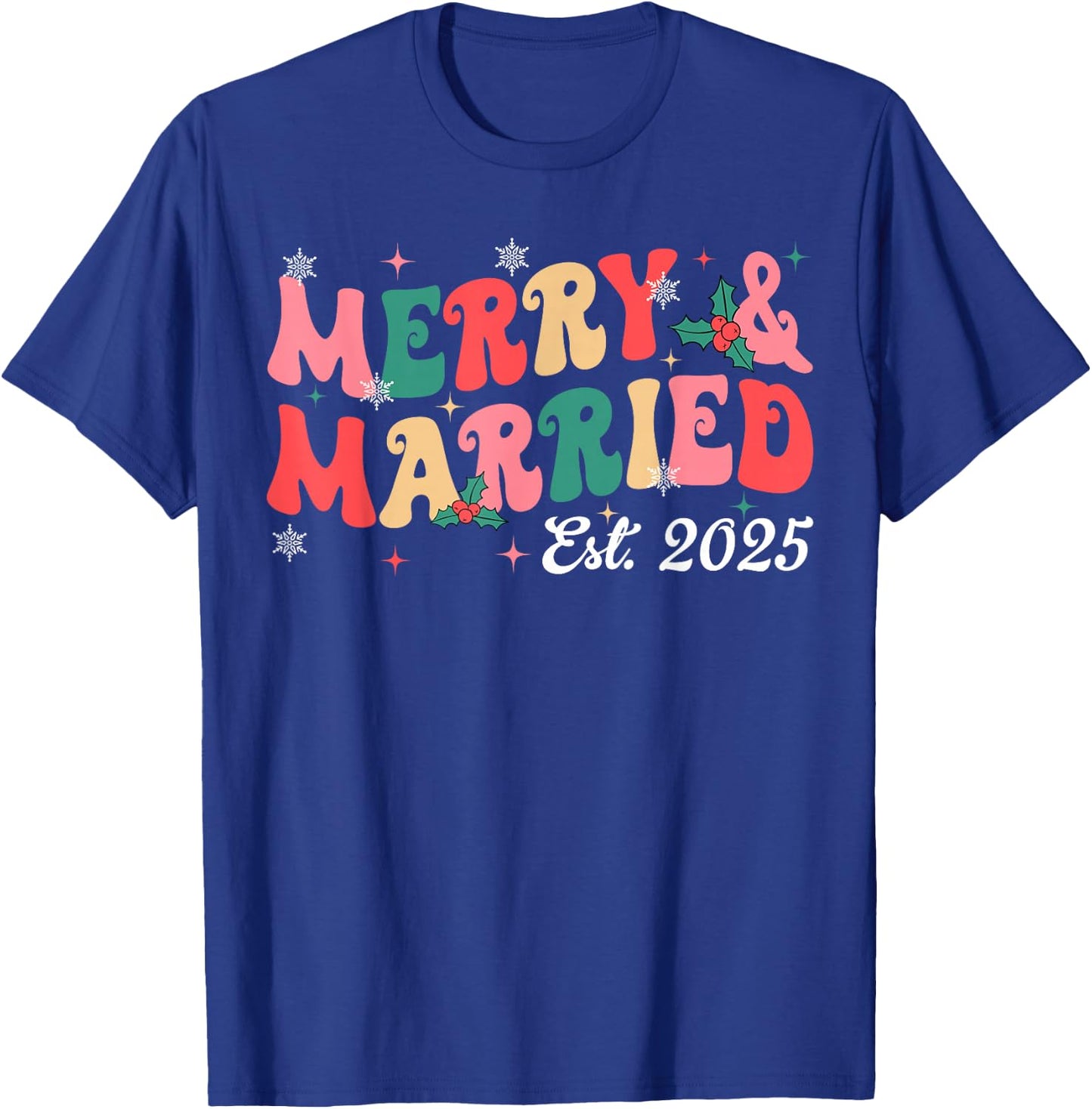 Merry And Married 2025 Groovy Christmas Couples Matching T-Shirt - T-Shirt | Royal