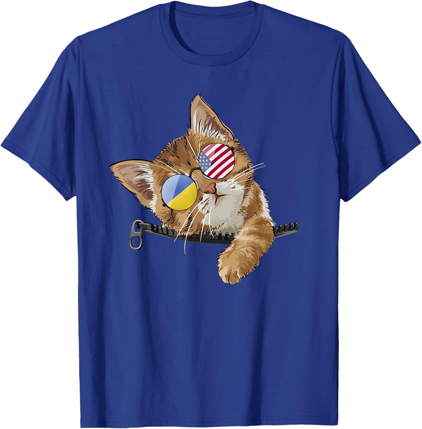 Cute Cat Kitten American Ukrainian Flag Sunglusses T-Shirt - T-Shirt | Royal