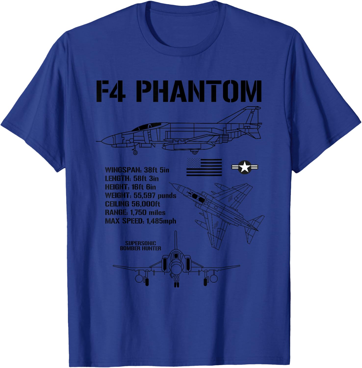 F-4 Phantom Fighter Jet Specs Military Airplane F4 Phantom T-Shirt - T-Shirt | Royal