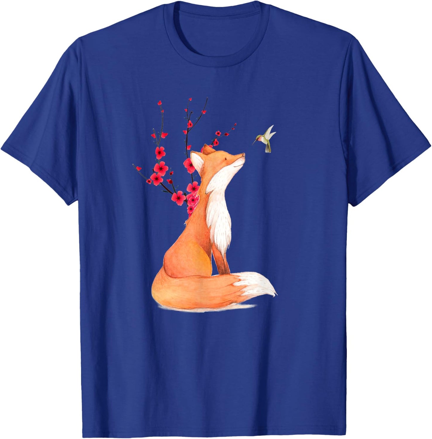 The Cute Fox And Hummingbird Cherry Blossom Flower Present T-Shirt - T-Shirt | Royal