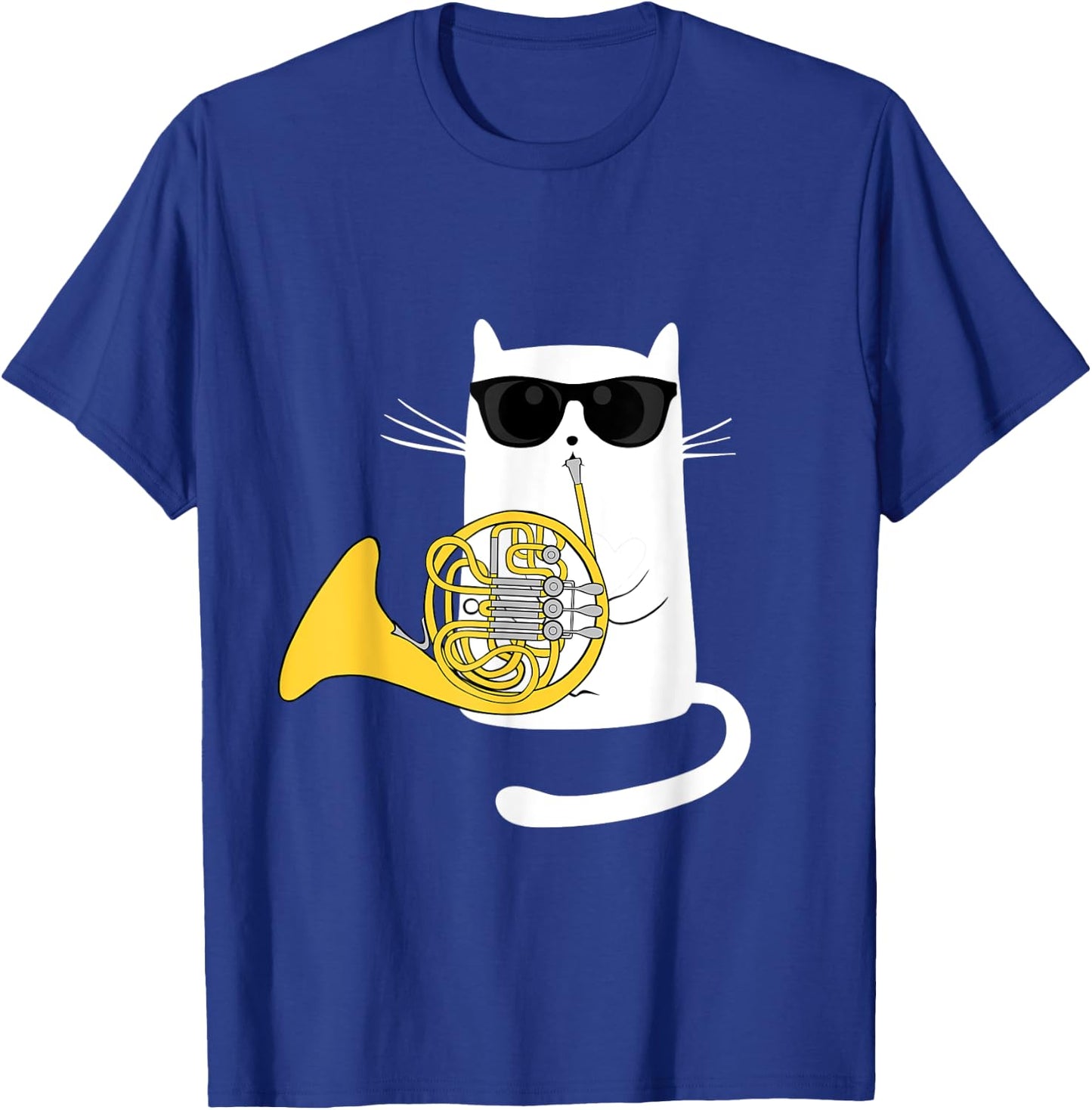 Funny Jazz Cat Wearing Sunglasses Playing French Horn Men Women Girls Kids T-Shirt - T-Shirt | Royal