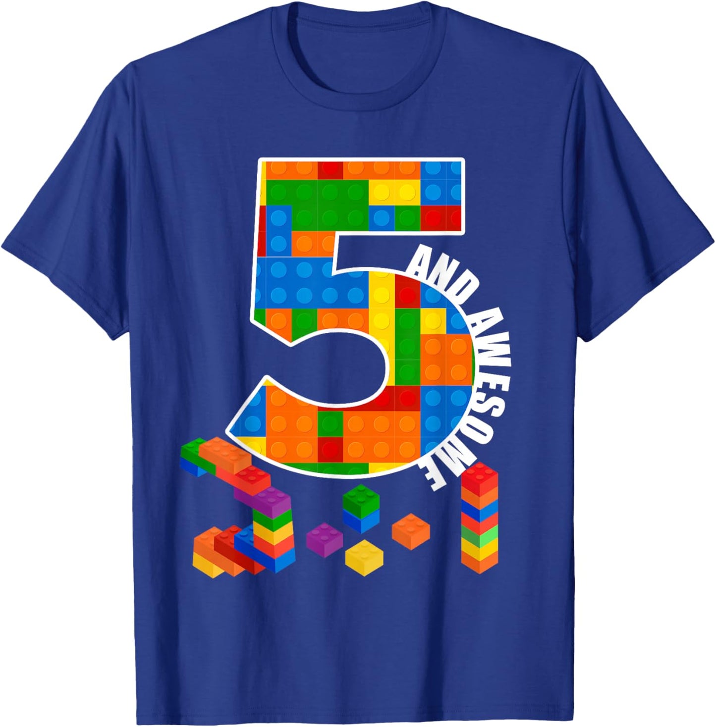 Building Blocks Bricks 5 Year Old Awesome Birthday Boy T-Shirt - T-Shirt | Royal