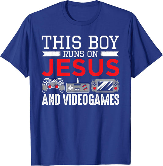 This Boy Runs On Jesus And Video Games Funny Christian Gift T-Shirt - T-Shirt | Royal