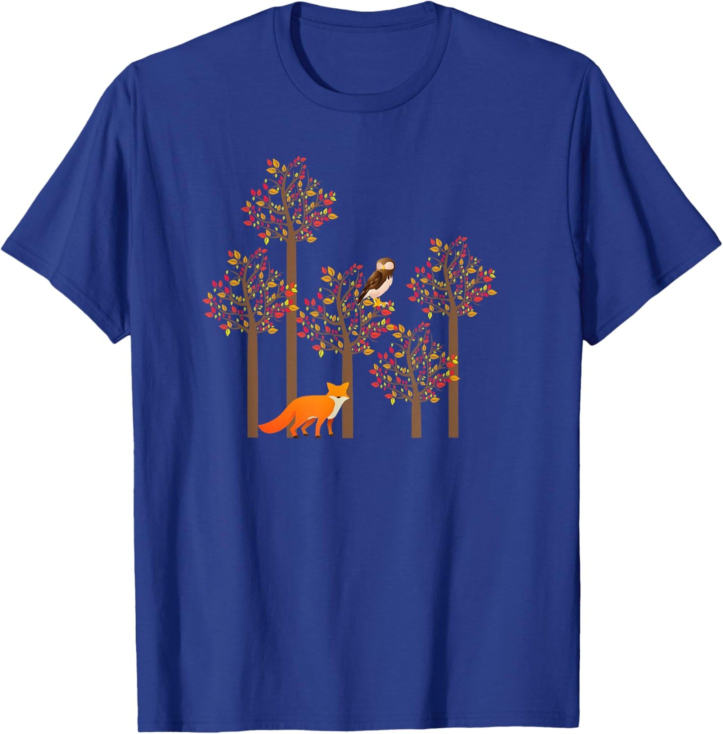 Fox and Owl Fall Leaves Cute Animal Autumn Fall Design T-Shirt - T-Shirt | Royal