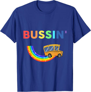 bussin' School Bus Rainbow Funny Bussin apparel T-Shirt - T-Shirt | Royal