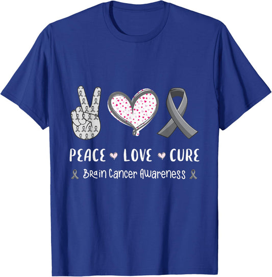 Peace Love cure Brain cancer awareness men women kids tumor T-Shirt - T-Shirt | Royal