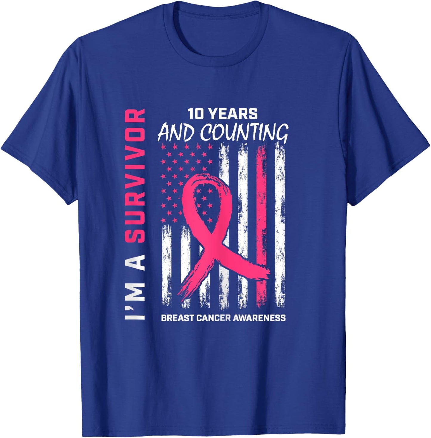 10 Year Survivor Gifts Pink Breast Cancer Free American Flag T-Shirt - T-Shirt | Royal
