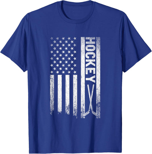 USA Flag Hockey Stick Patriotic Goalie Gift Ice Hockey Women Kids Men T-Shirt - T-Shirt | Royal