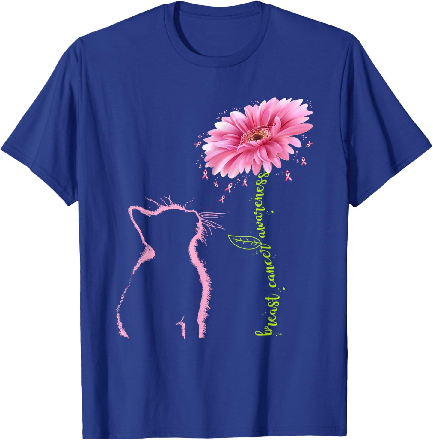Breast Cancer Awareness Pink Ribbon Daisy Flower Cat Lovers T-Shirt - T-Shirt | Royal