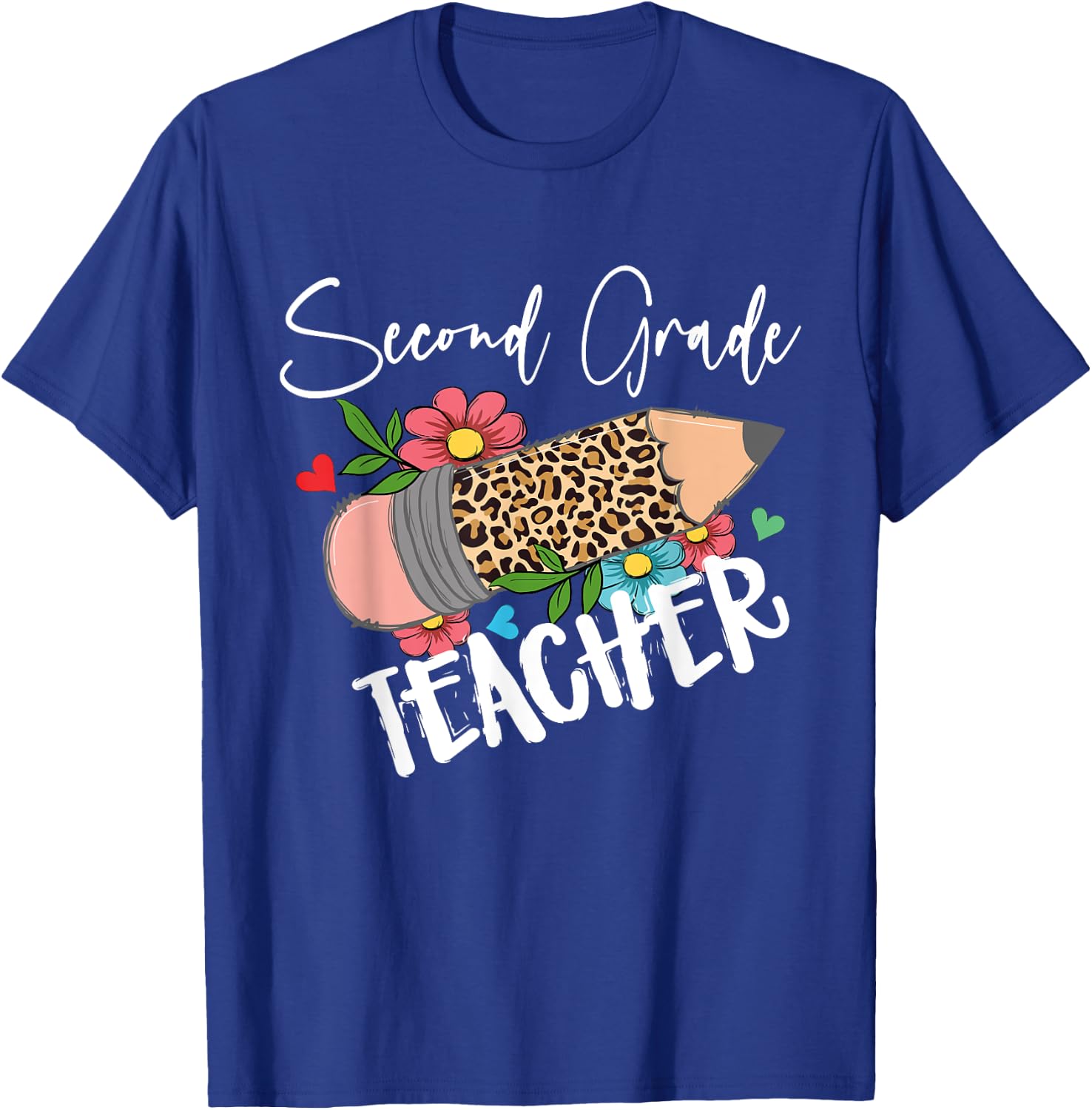 Second Grade Teacher Leopard Pencil 2nd Grade Women Teacher T-Shirt - T-Shirt | Royal