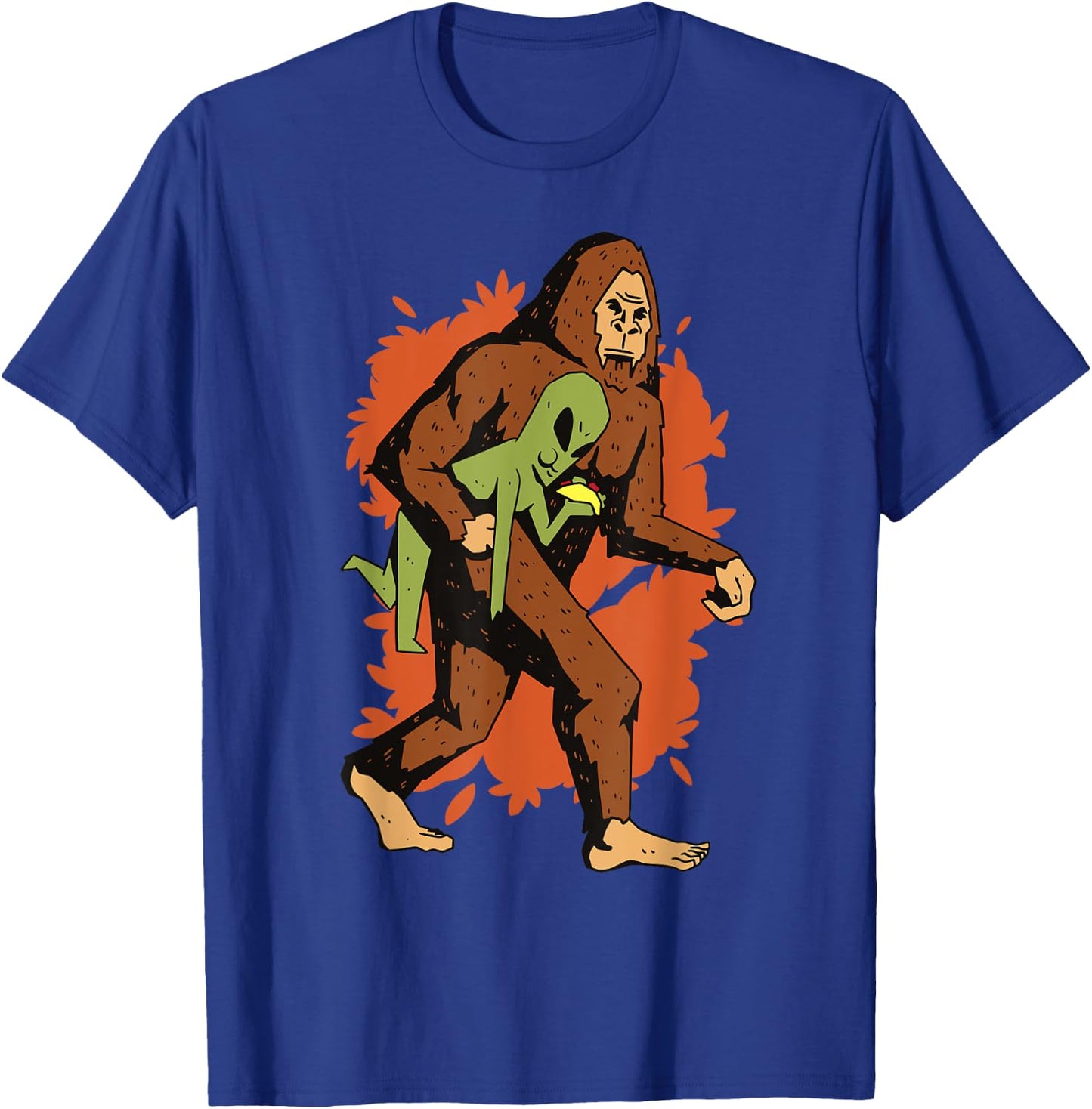 Funny Bigfoot Carrying Alien Eating Taco! Sasquatch Aliens T-Shirt - T-Shirt | Royal