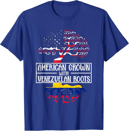 American Grown With Venezuelan Roots USA Flag Venezuela Women Kids Men T-Shirt - T-Shirt | Royal