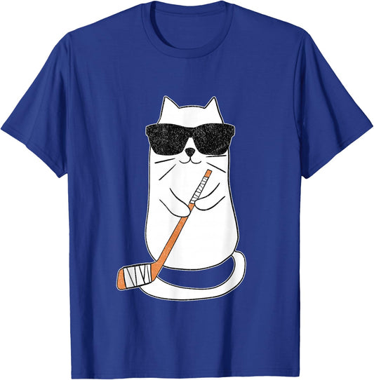 Ice Hockey Cat Hockey Player Stick Retro T-Shirt - T-Shirt | Royal