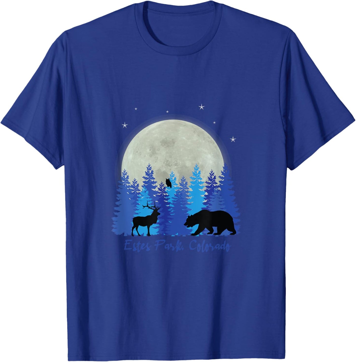 Estes Park Colorado with elk in front of forest and moon. T-Shirt - T-Shirt | Royal