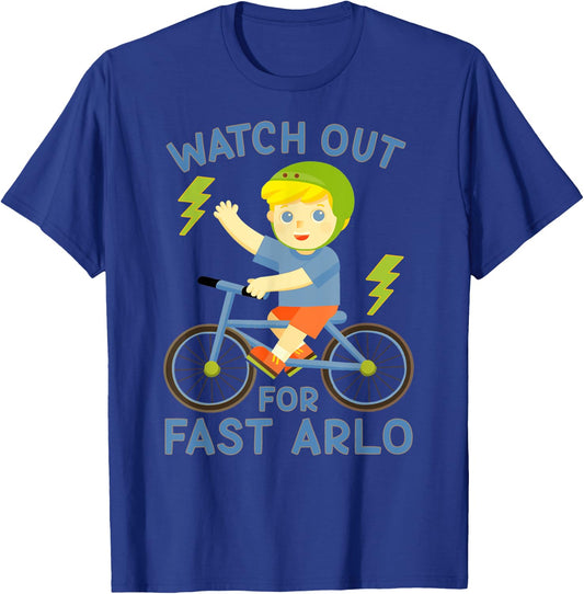 Watch Out for Fast Arlo Boy on Bike Bicycle T-Shirt - T-Shirt | Royal
