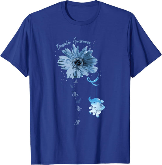 Faith Hope Fight Love Elephant Sunflower Diabetes Awareness T-Shirt - T-Shirt | Royal