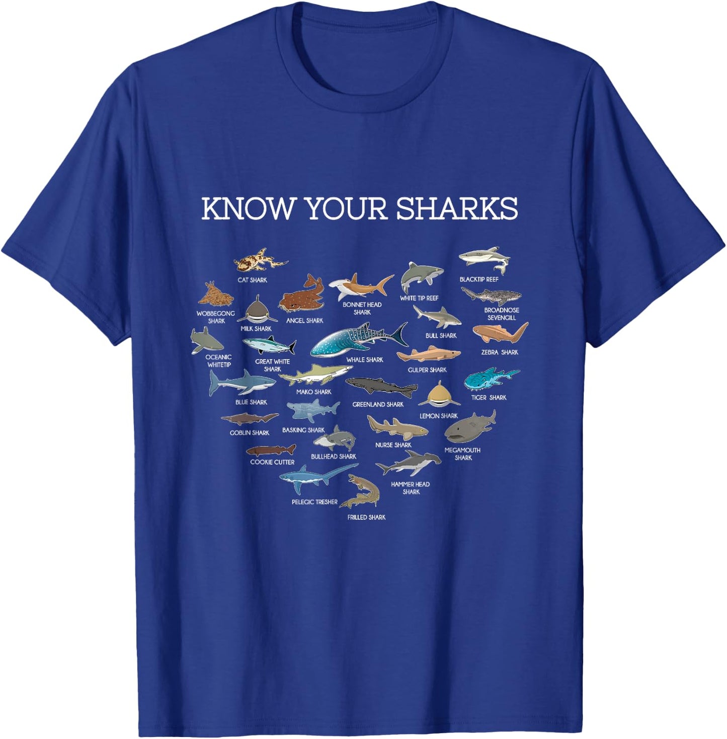 Shark Faces Types Of Sharks Gift Marine Biology Ocean Shark T-Shirt - T-Shirt | Royal