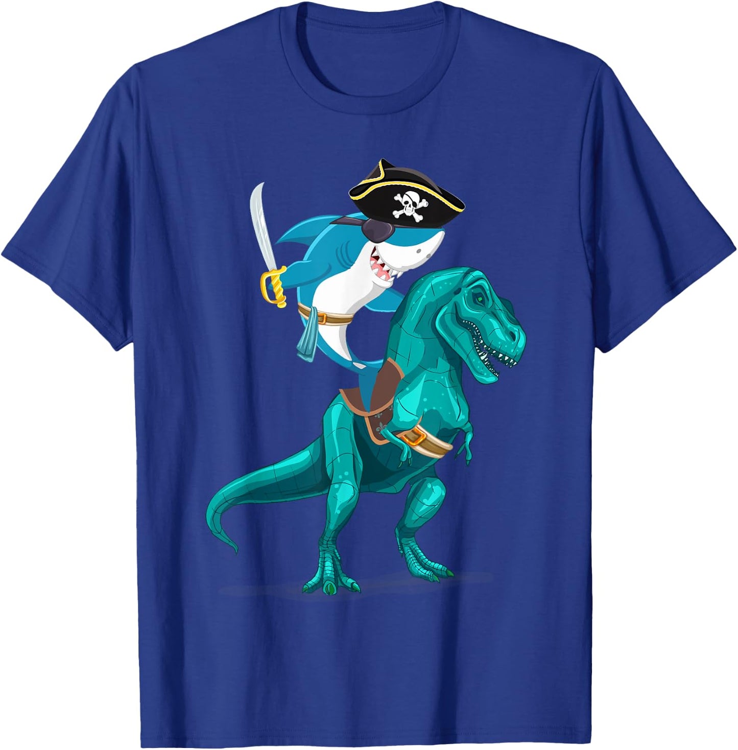 Shark Pirate Riding T Rex Kid Boy Son Grandson Shirt T-Shirt - T-Shirt | Royal