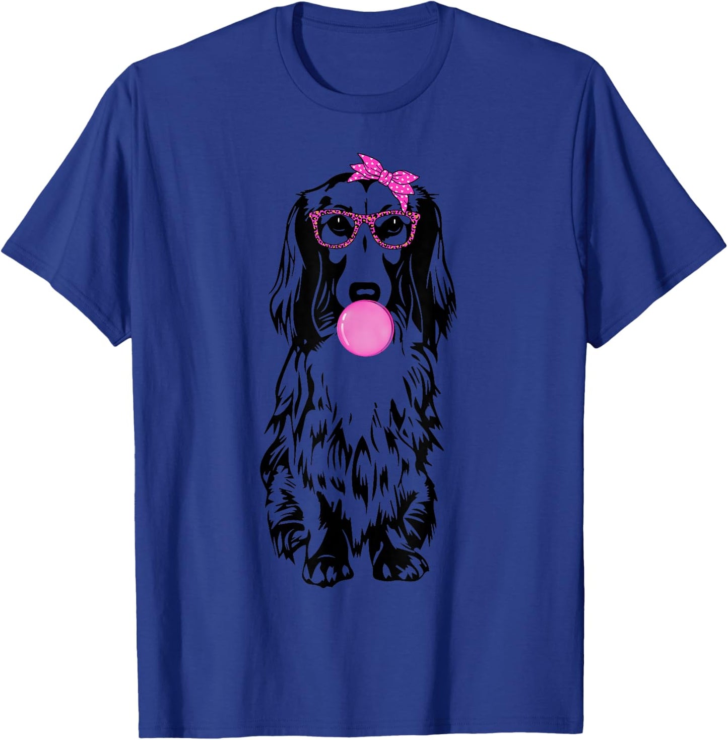 Longhaired Dachshund dog with bubble gum bandana glasses T-Shirt - T-Shirt | Royal