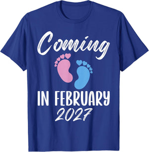 New Baby Coming in February 2027 Funny Baby Shower Boy Girl T-Shirt - T-Shirt | Royal