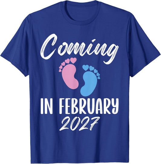 New Baby Coming in February 2027 Funny Baby Shower Boy Girl T-Shirt - T-Shirt | Royal