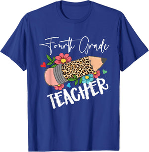 Fourth Grade Teacher Leopard Pencil 4th Grade Teacher T-Shirt - T-Shirt | Royal