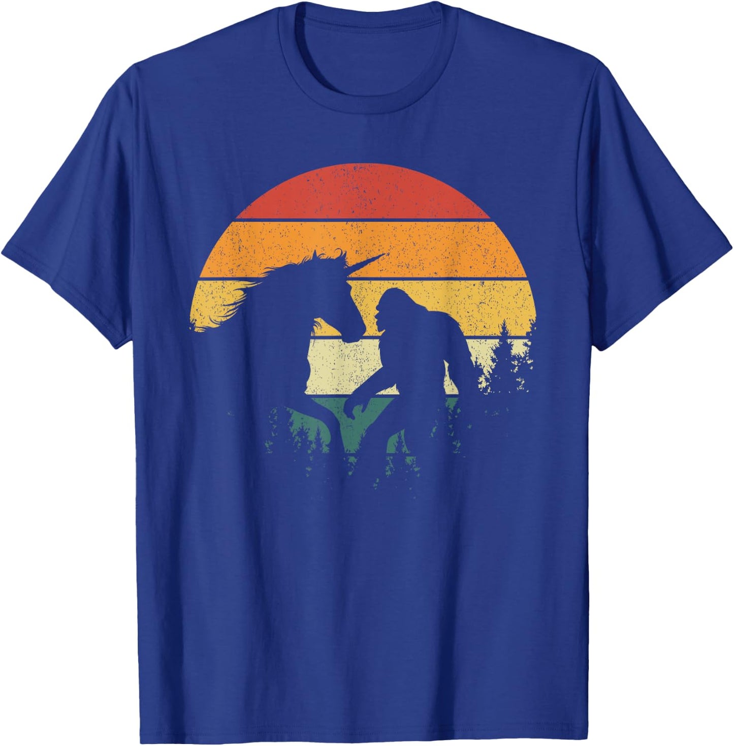 Bigfoot Walking Unicorn Horse Riding Retro Funny Sasquatch T-Shirt - T-Shirt | Royal