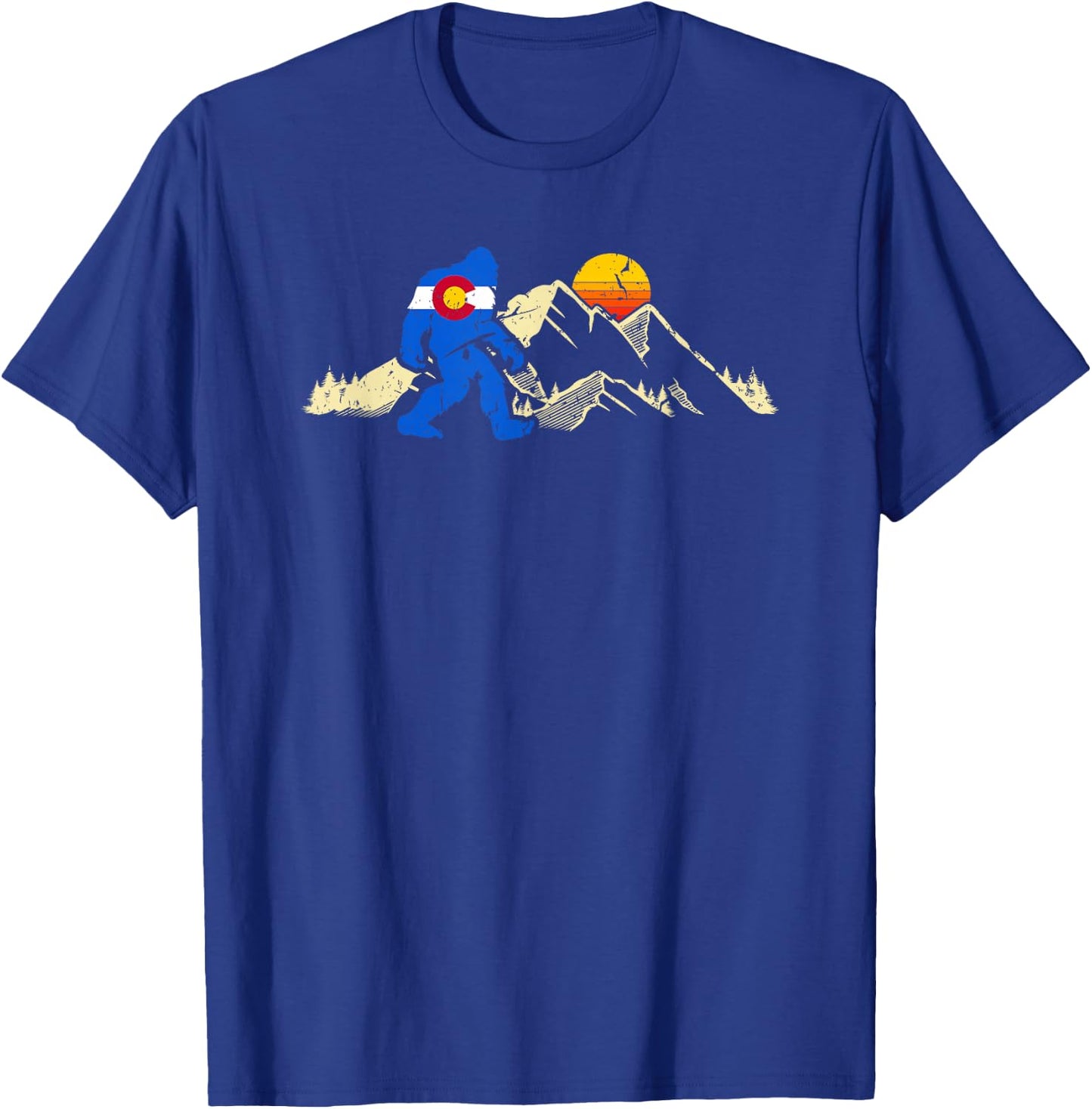 Retro Bigfoot Sun & Mountain State Flag of Colorado T-Shirt - T-Shirt | Royal